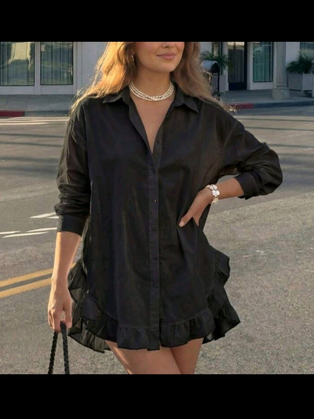 Black Ruffle Hem Button-Down Shirt Dress